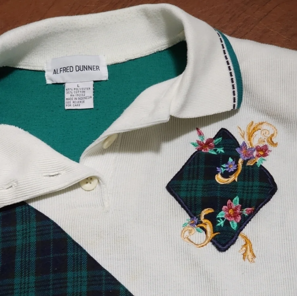 Vintage Alfred Dunner Teal and Cream White Floral Polo Collar Crewneck Sweater - Picture 4 of 7